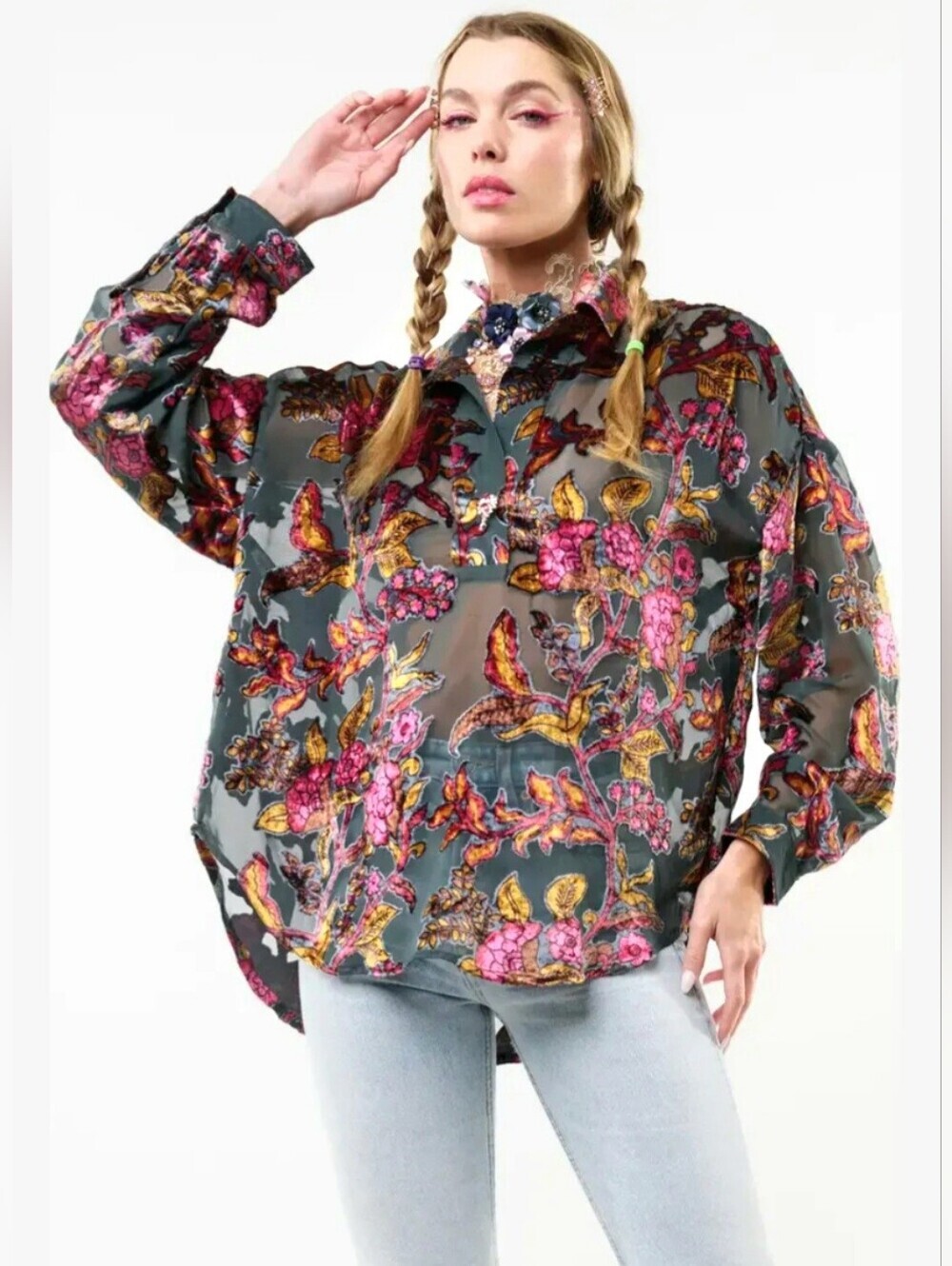 ARATTA SILENT JOURNEY HOLIDAY JEWELS VELVET BURNOUT FLORAL BLOUSE. - Picture 2 of 6